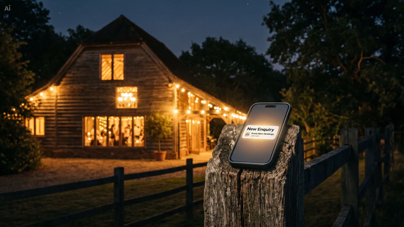 A lit barn wedding venue at dusk, with a phone on a fence post showing a new enquiry notification
