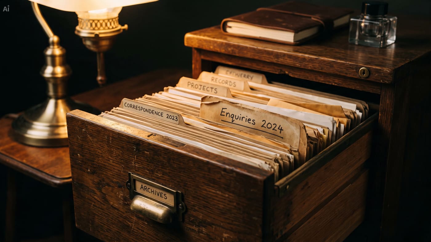 An old wooden filing drawer open to a folder labelled Enquiries 2024, lit by a brass desk lamp