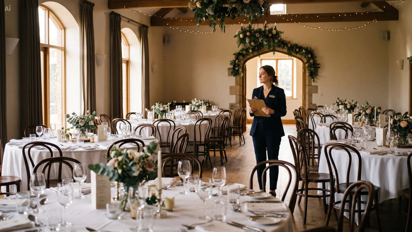 A venue coordinator with a clipboard standing in a fully dressed wedding reception hall