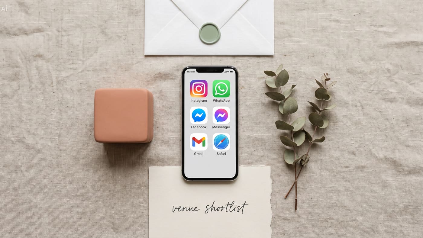 A wedding planner flat-lay with a phone showing Instagram, WhatsApp, Facebook, Messenger and Gmail beside a handwritten venue shortlist