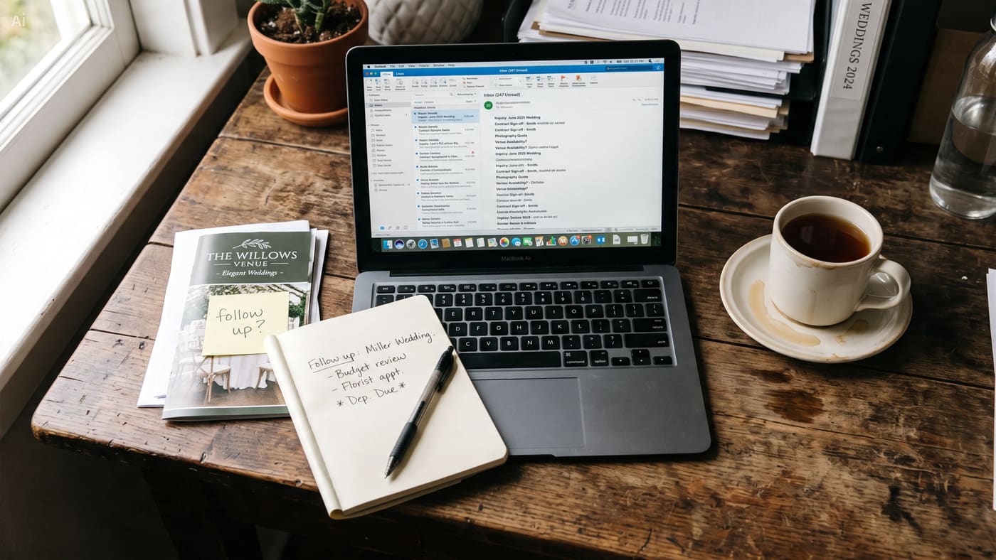 A venue office desk with a laptop showing an inbox at 347 unread, wedding enquiry brochures and a follow-up sticky note