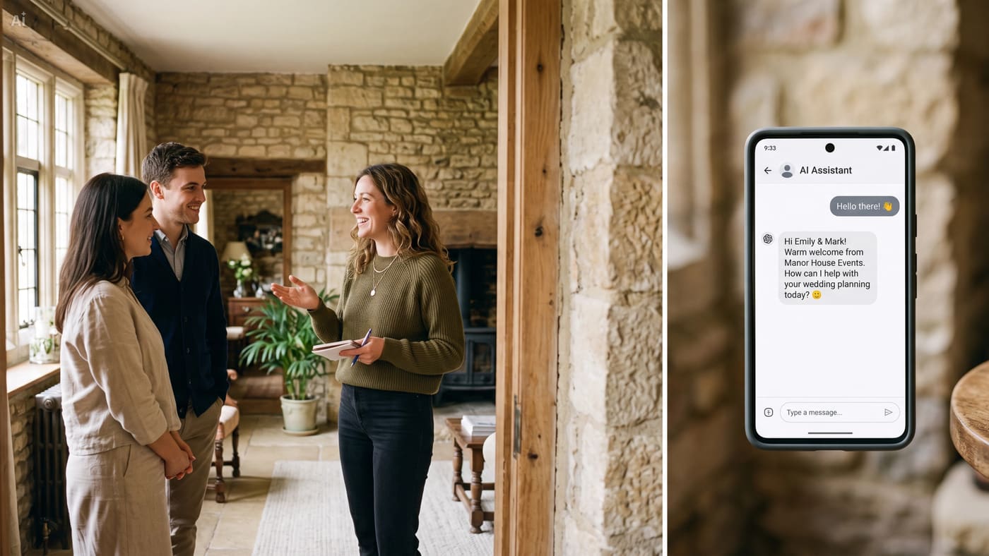 A venue host warmly greeting a couple, beside a phone showing an AI assistant welcoming them by name